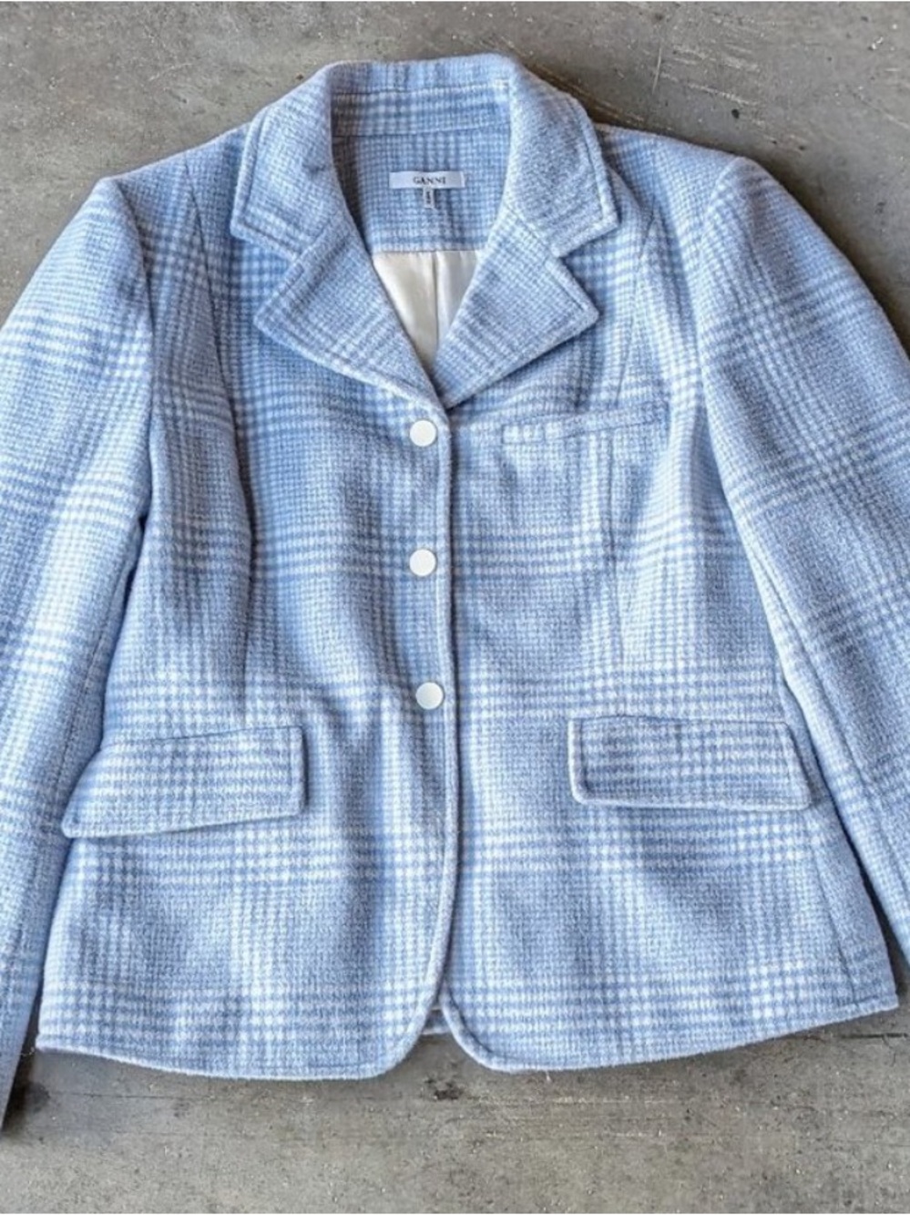 Ganni Pastel Blue Plaid Tailored Blazer